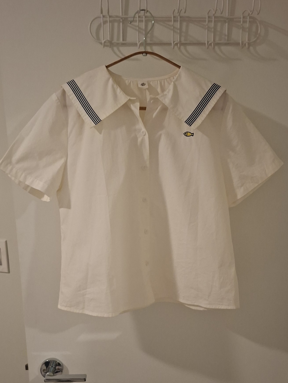 Korean White Cotton Button-up Sailor Shirt with Embroidered Fish (Size M/L)